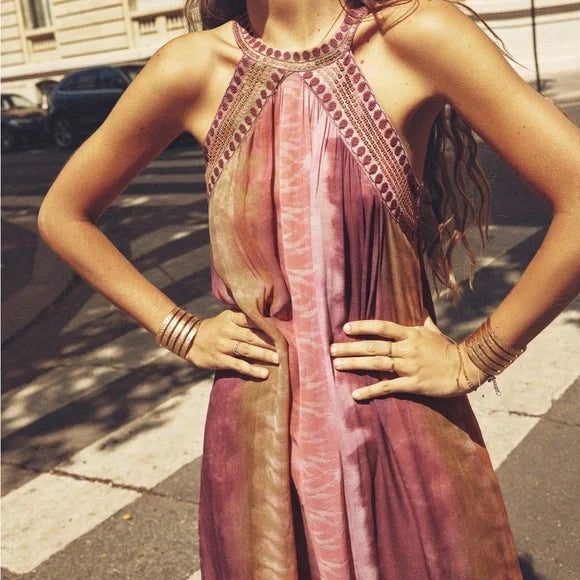Kate Tie-Dye Maxi Dress With Sequins Round Neck